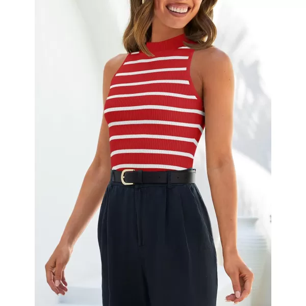 imageZESICA Ribbed Tank Top for Women Summer Sleeveless Shirts High Neck Striped Basic Casual Slim Fitted 2024 FashionRed