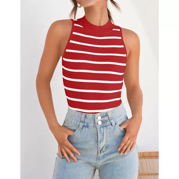 imageZESICA Ribbed Tank Top for Women Summer Sleeveless Shirts High Neck Striped Basic Casual Slim Fitted 2024 FashionRed
