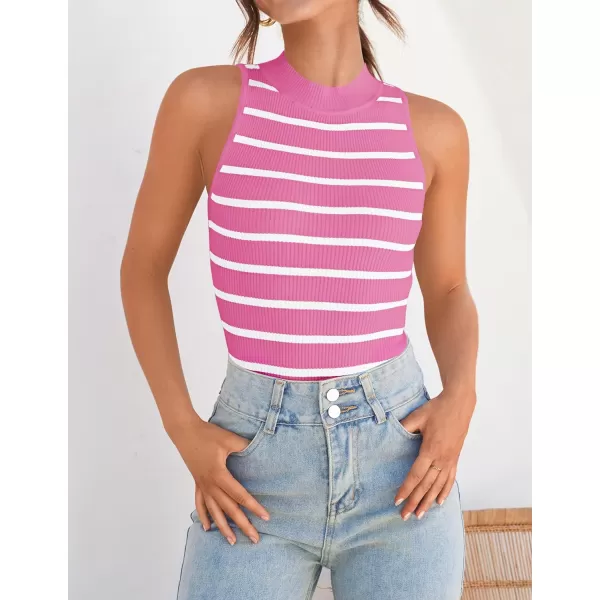 imageZESICA Ribbed Tank Top for Women Summer Sleeveless Shirts High Neck Striped Basic Casual Slim Fitted 2024 FashionRose