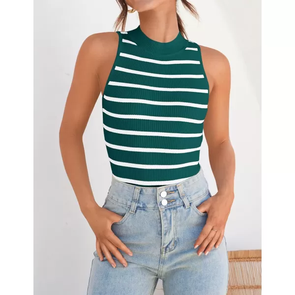 imageZESICA Ribbed Tank Top for Women Summer Sleeveless Shirts High Neck Striped Basic Casual Slim Fitted 2024 FashionTeal