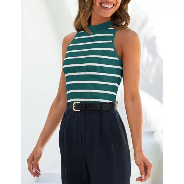 imageZESICA Ribbed Tank Top for Women Summer Sleeveless Shirts High Neck Striped Basic Casual Slim Fitted 2024 FashionTeal