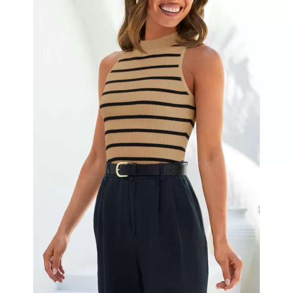 imageZESICA Ribbed Tank Top for Women Summer Sleeveless Shirts High Neck Striped Basic Casual Slim Fitted 2024 FashionToffee
