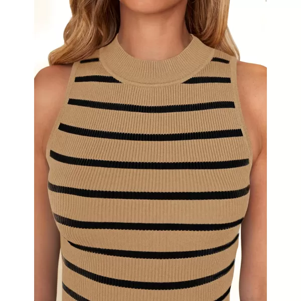 imageZESICA Ribbed Tank Top for Women Summer Sleeveless Shirts High Neck Striped Basic Casual Slim Fitted 2024 FashionToffee
