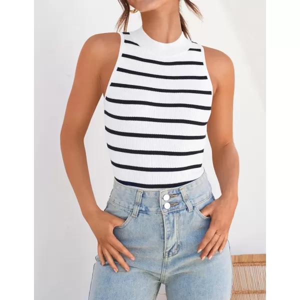 imageZESICA Ribbed Tank Top for Women Summer Sleeveless Shirts High Neck Striped Basic Casual Slim Fitted 2024 FashionWhite