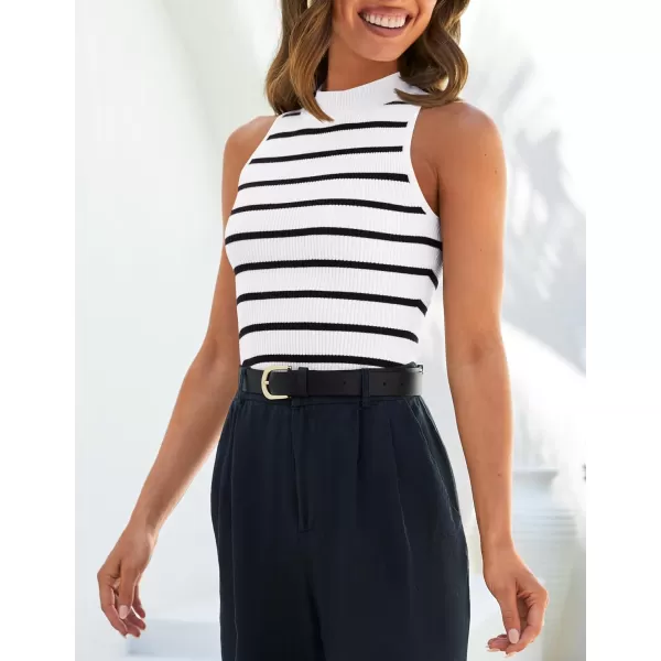 imageZESICA Ribbed Tank Top for Women Summer Sleeveless Shirts High Neck Striped Basic Casual Slim Fitted 2024 FashionWhite