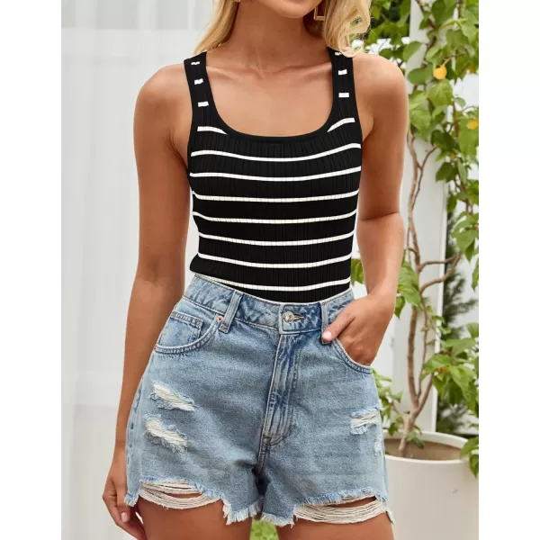 imageZESICA Sleeveless Tank Tops for Women Square Neck Top Striped Shirts Basic Ribbed Knit Blouses 2024 Fashion Summer ClothesBlack