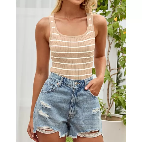 imageZESICA Sleeveless Tank Tops for Women Square Neck Top Striped Shirts Basic Ribbed Knit Blouses 2024 Fashion Summer ClothesKhaki