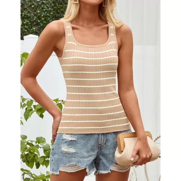 imageZESICA Sleeveless Tank Tops for Women Square Neck Top Striped Shirts Basic Ribbed Knit Blouses 2024 Fashion Summer ClothesKhaki