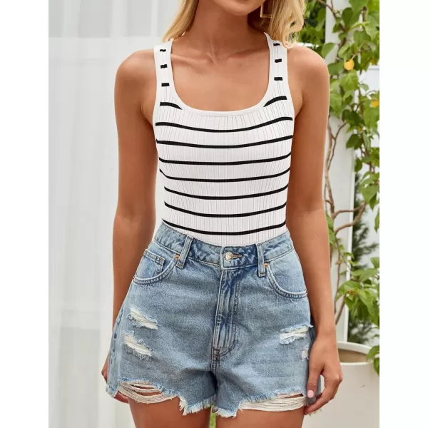 imageZESICA Sleeveless Tank Tops for Women Square Neck Top Striped Shirts Basic Ribbed Knit Blouses 2024 Fashion Summer ClothesWhite