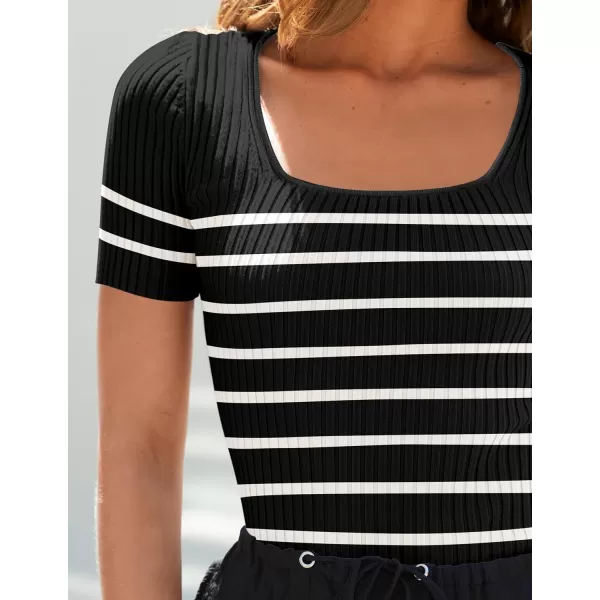 imageZESICA Striped Tops for Women Summer Square Neck Top Basic Slim Tee Shirts Fashion 2024 Trendy ClothesBlack