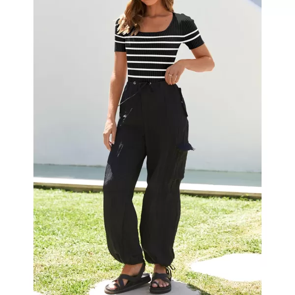imageZESICA Striped Tops for Women Summer Square Neck Top Basic Slim Tee Shirts Fashion 2024 Trendy ClothesBlack
