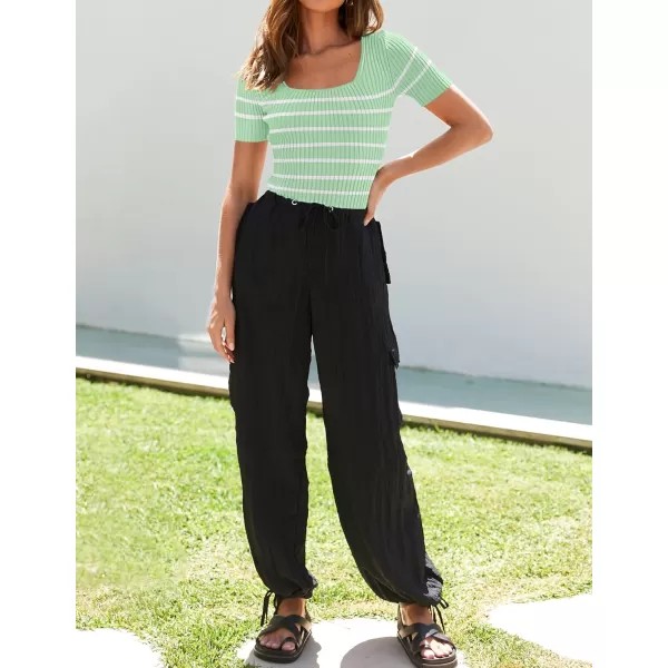 imageZESICA Striped Tops for Women Summer Square Neck Top Basic Slim Tee Shirts Fashion 2024 Trendy ClothesLightgreen
