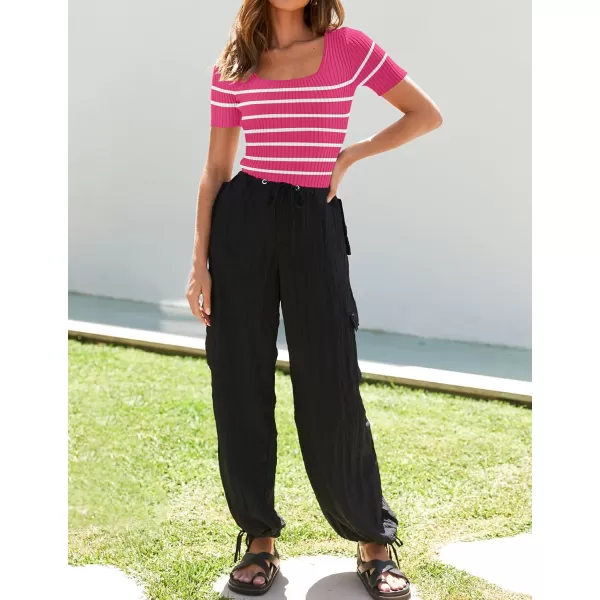 imageZESICA Striped Tops for Women Summer Square Neck Top Basic Slim Tee Shirts Fashion 2024 Trendy ClothesRose