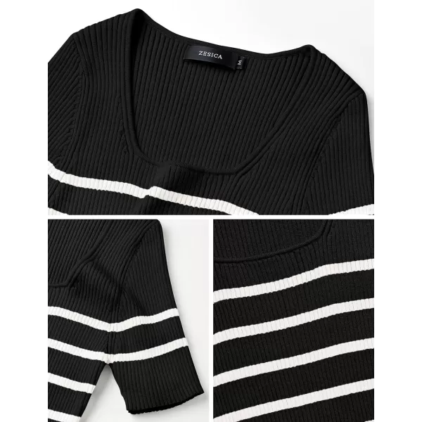 imageZESICA Striped Tops for Women Summer Square Neck Tops Basic Tee Shirts Fashion 2024 Trendy ClothesBlack