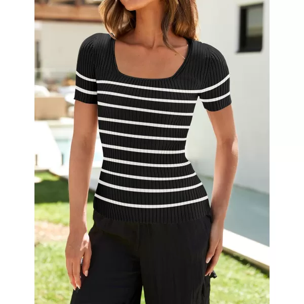imageZESICA Striped Tops for Women Summer Square Neck Tops Basic Tee Shirts Fashion 2024 Trendy ClothesBlack