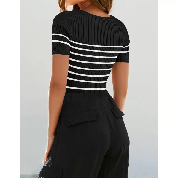 imageZESICA Striped Tops for Women Summer Square Neck Tops Basic Tee Shirts Fashion 2024 Trendy ClothesBlack
