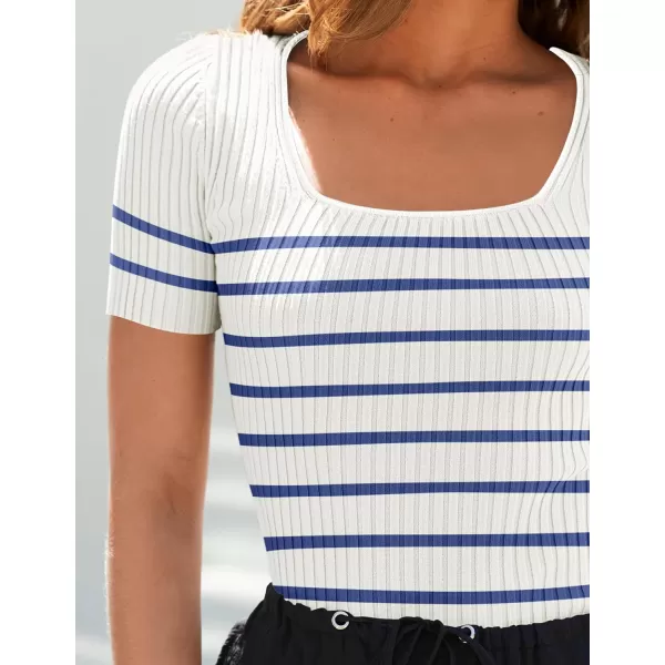 imageZESICA Striped Tops for Women Summer Square Neck Tops Basic Tee Shirts Fashion 2024 Trendy ClothesBlue