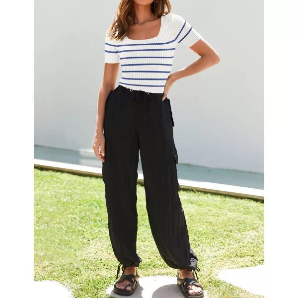 imageZESICA Striped Tops for Women Summer Square Neck Tops Basic Tee Shirts Fashion 2024 Trendy ClothesBlue