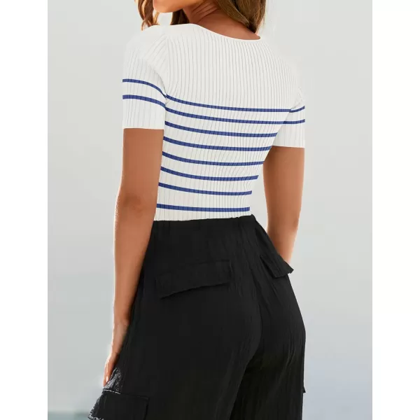imageZESICA Striped Tops for Women Summer Square Neck Tops Basic Tee Shirts Fashion 2024 Trendy ClothesBlue