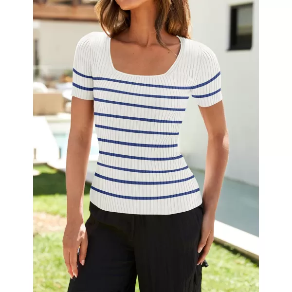 imageZESICA Striped Tops for Women Summer Square Neck Tops Basic Tee Shirts Fashion 2024 Trendy ClothesBlue