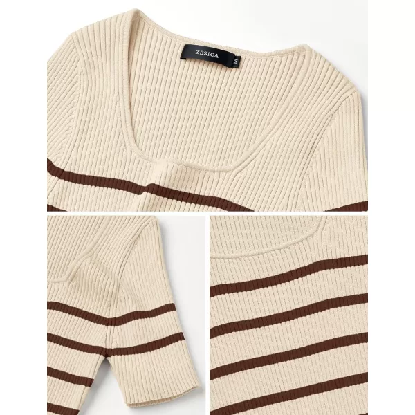 imageZESICA Striped Tops for Women Summer Square Neck Tops Basic Tee Shirts Fashion 2024 Trendy ClothesBrown