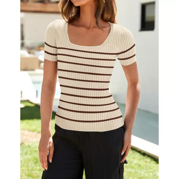 imageZESICA Striped Tops for Women Summer Square Neck Tops Basic Tee Shirts Fashion 2024 Trendy ClothesBrown
