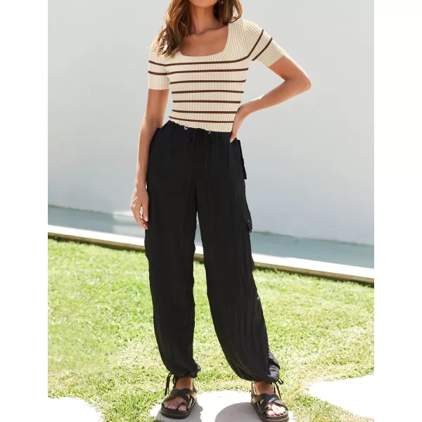 imageZESICA Striped Tops for Women Summer Square Neck Tops Basic Tee Shirts Fashion 2024 Trendy ClothesBrown