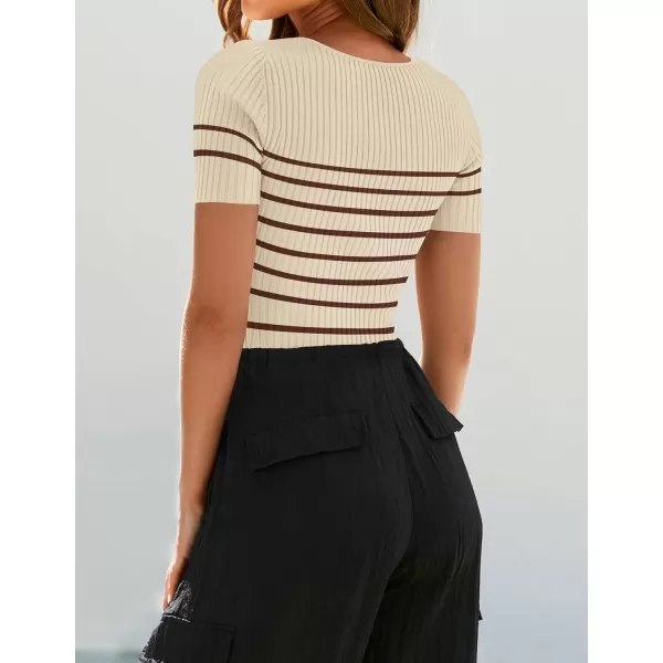 imageZESICA Striped Tops for Women Summer Square Neck Tops Basic Tee Shirts Fashion 2024 Trendy ClothesBrown