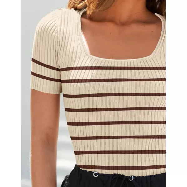imageZESICA Striped Tops for Women Summer Square Neck Tops Basic Tee Shirts Fashion 2024 Trendy ClothesBrown