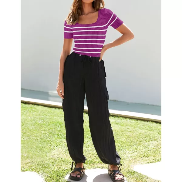 imageZESICA Striped Tops for Women Summer Square Neck Tops Basic Tee Shirts Fashion 2024 Trendy ClothesEggplant
