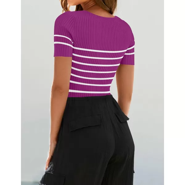 imageZESICA Striped Tops for Women Summer Square Neck Tops Basic Tee Shirts Fashion 2024 Trendy ClothesEggplant