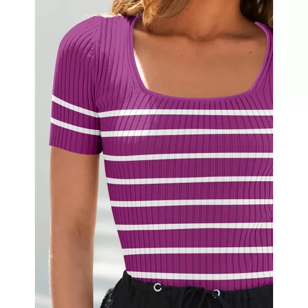 imageZESICA Striped Tops for Women Summer Square Neck Tops Basic Tee Shirts Fashion 2024 Trendy ClothesEggplant