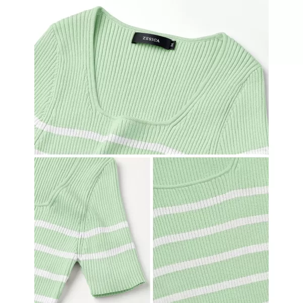 imageZESICA Striped Tops for Women Summer Square Neck Tops Basic Tee Shirts Fashion 2024 Trendy ClothesLightgreen