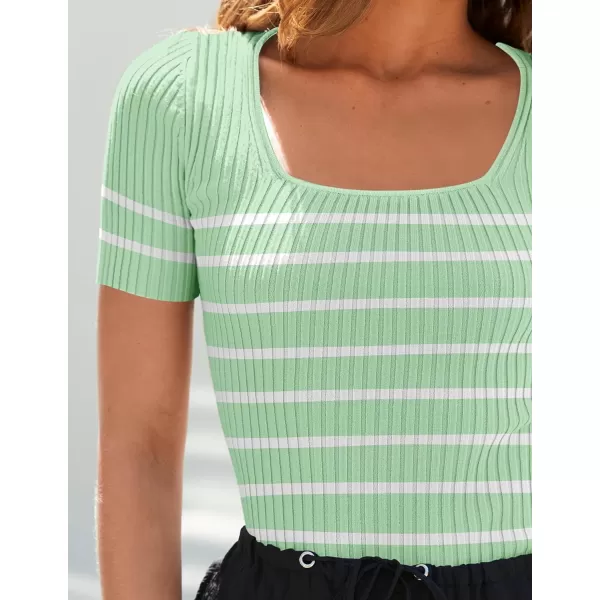 imageZESICA Striped Tops for Women Summer Square Neck Tops Basic Tee Shirts Fashion 2024 Trendy ClothesLightgreen