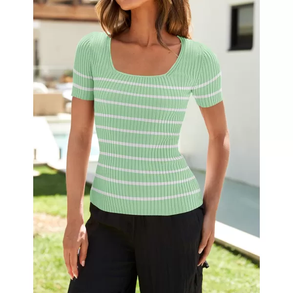 imageZESICA Striped Tops for Women Summer Square Neck Tops Basic Tee Shirts Fashion 2024 Trendy ClothesLightgreen