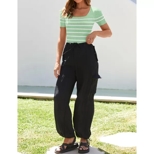 imageZESICA Striped Tops for Women Summer Square Neck Tops Basic Tee Shirts Fashion 2024 Trendy ClothesLightgreen