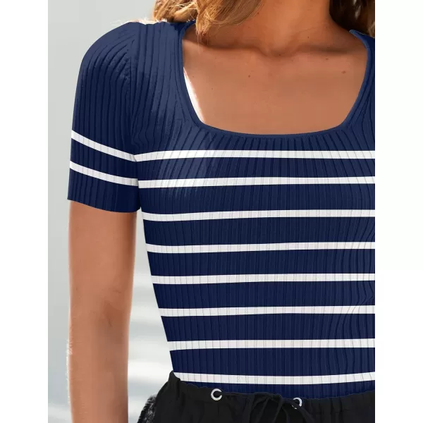 imageZESICA Striped Tops for Women Summer Square Neck Tops Basic Tee Shirts Fashion 2024 Trendy ClothesNavy