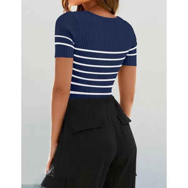 imageZESICA Striped Tops for Women Summer Square Neck Tops Basic Tee Shirts Fashion 2024 Trendy ClothesNavy
