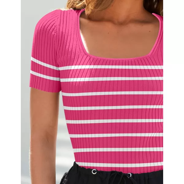 imageZESICA Striped Tops for Women Summer Square Neck Tops Basic Tee Shirts Fashion 2024 Trendy ClothesRose