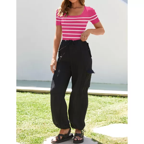 imageZESICA Striped Tops for Women Summer Square Neck Tops Basic Tee Shirts Fashion 2024 Trendy ClothesRose