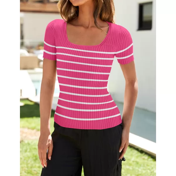 imageZESICA Striped Tops for Women Summer Square Neck Tops Basic Tee Shirts Fashion 2024 Trendy ClothesRose