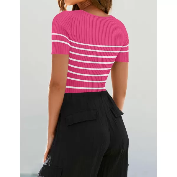 imageZESICA Striped Tops for Women Summer Square Neck Tops Basic Tee Shirts Fashion 2024 Trendy ClothesRose
