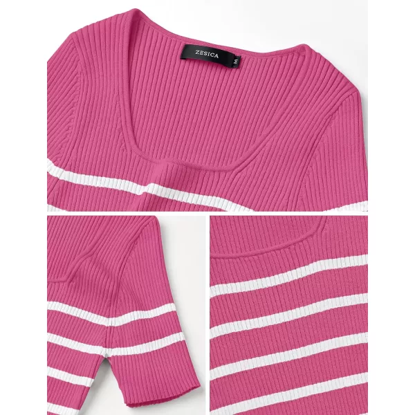 imageZESICA Striped Tops for Women Summer Square Neck Tops Basic Tee Shirts Fashion 2024 Trendy ClothesRose