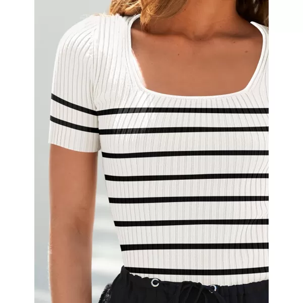 imageZESICA Striped Tops for Women Summer Square Neck Tops Basic Tee Shirts Fashion 2024 Trendy ClothesWhite