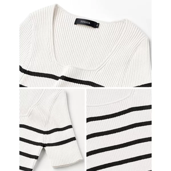 imageZESICA Striped Tops for Women Summer Square Neck Tops Basic Tee Shirts Fashion 2024 Trendy ClothesWhite