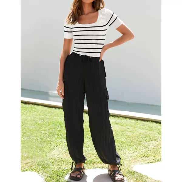 imageZESICA Striped Tops for Women Summer Square Neck Tops Basic Tee Shirts Fashion 2024 Trendy ClothesWhite