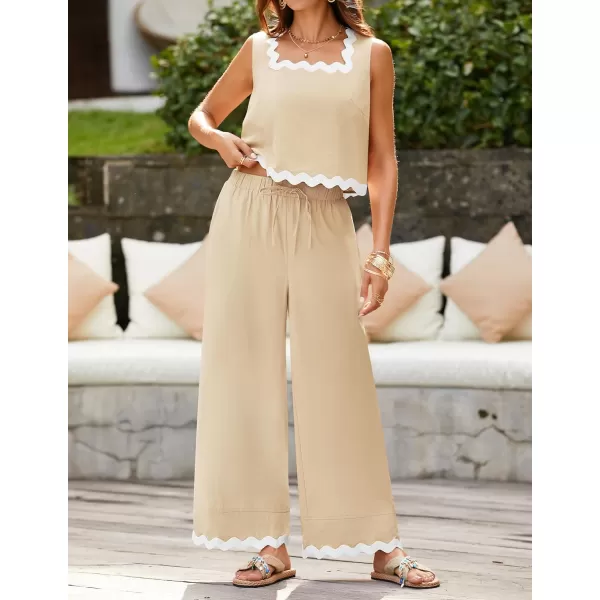 imageZESICA Summer 2 Piece Sets for Women Linen Tank Top and Wide Leg Pants Matching Lounge Sets Spring Outfits TracksuitsApricot