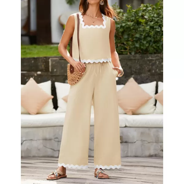 imageZESICA Summer 2 Piece Sets for Women Linen Tank Top and Wide Leg Pants Matching Lounge Sets Spring Outfits TracksuitsApricot