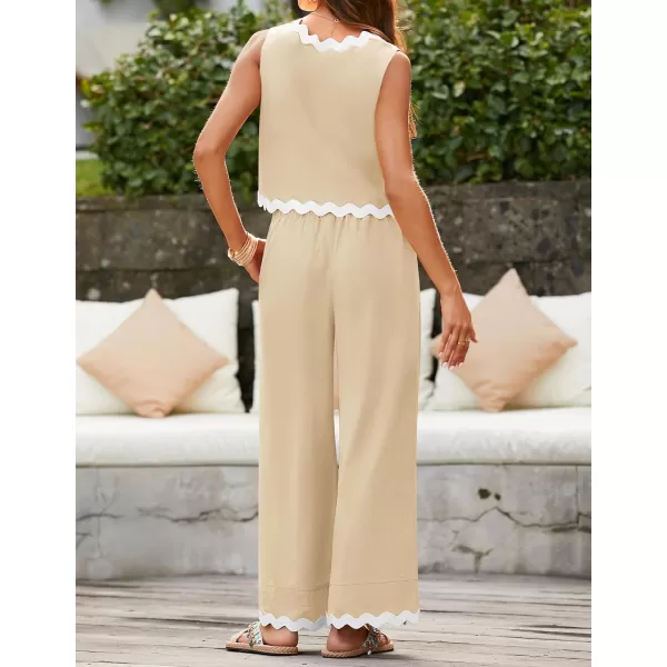 imageZESICA Summer 2 Piece Sets for Women Linen Tank Top and Wide Leg Pants Matching Lounge Sets Spring Outfits TracksuitsApricot