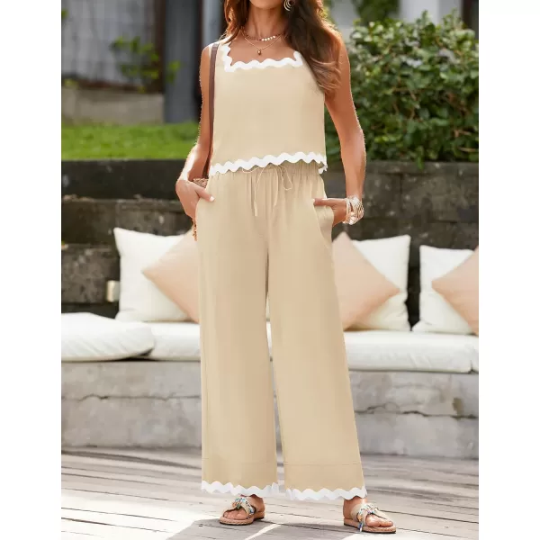 imageZESICA Summer 2 Piece Sets for Women Linen Tank Top and Wide Leg Pants Matching Lounge Sets Spring Outfits TracksuitsApricot